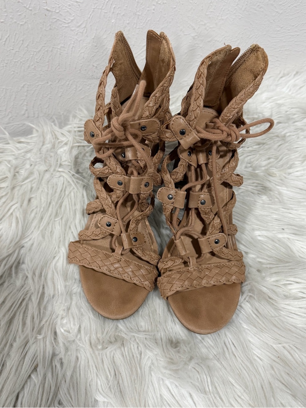 Braided Lace-Up High Heel Sandal in Tan Size 6 - Picture 16 of 16